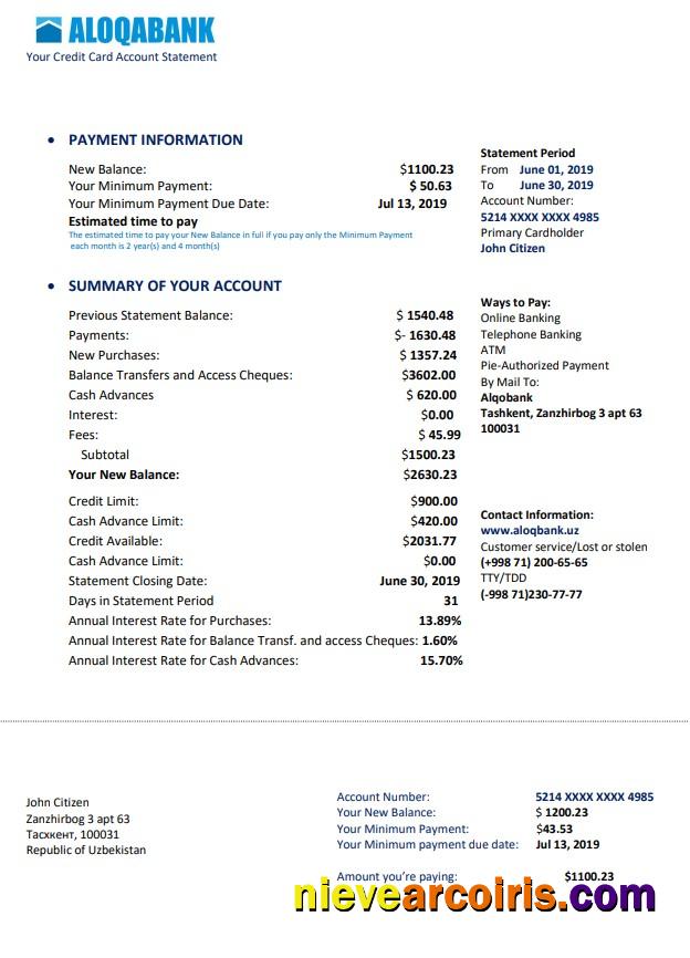 Uzbekistan Aloqabank proof of address statement in Word and PDF format